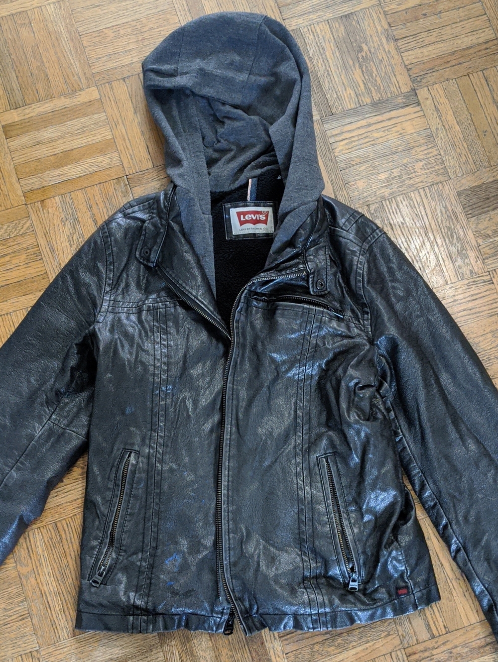 Levi's Vegan Leather Hooded Jacket with Black Sherpa Lining Unisex small